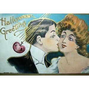 Victorian Halloween Postcard Kissing Couple Embossed Original Gold Border